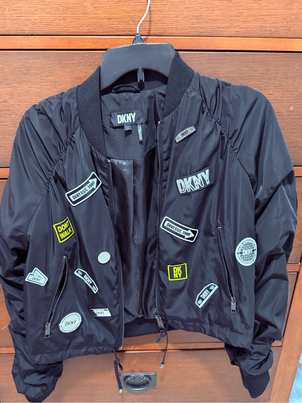 DKNY Black Bomber Jacket with Branded Patch Accents